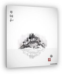 Sziget fákkal ködben. Hagyományos japán festékfestés sumi (vászonkép)