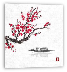 Oriental sakura cseresznyefa virágban és halászhajó vízben (vászonkép)