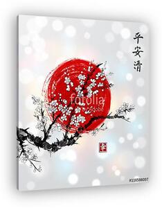 Sakura virágban és vörös napban, a japán japán japán szimbólum (vászonkép)