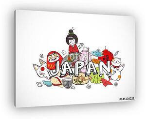 Japán színes doodle vázlatelemek. Szimbólumok Japánban. (vászonkép)