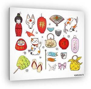 Japán színes doodle vázlatelemek. Szimbólumok Japánban. (vászonkép)
