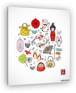 Japán színes doodle vázlatelemek. Szimbólumok Japánban. (vászonkép)