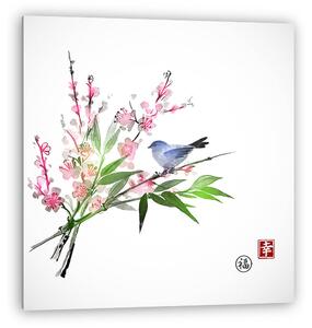 Sakura virágban, bambusz ág és kis kék madár fehér b (vászonkép)