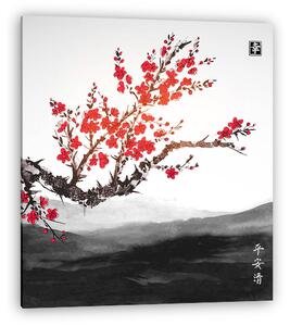 Oriental sakura cseresznyefa virágban és tájképben messze mo (vászonkép)