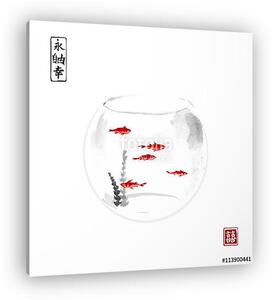 Akvárium öt kis vörös halkal. A hagyományos japán tinták (vászonkép)