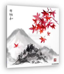 Fujiyama hegyi és vörös levelek japán juhar fehér háton (vászonkép)