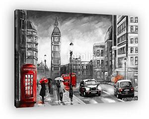London utcái és a Big Ben. Fekete, piros színverzió (olajfestmény reprodukció) (vászonkép)