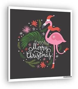 Karácsonyi illusztráció, rózsaszín flamingó (vászonkép)