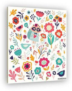 Pattern with cute raccoon and flowers (vászonkép)