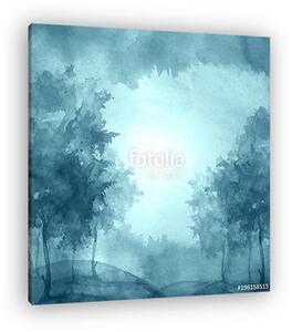 Watercolor banner, logo, postcard. blue silhouette of the forest (vászonkép)
