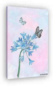 Watercolor Butterflies with a bunch on blue flowers. (vászonkép)
