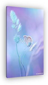 Beautiful light-blue butterfly on blade of grass on a soft lilac (vászonkép)