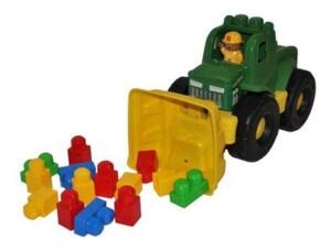 Homokozós traktor, elöl markoló szerkezet, figurával, maxi építő 