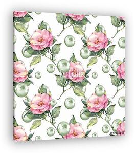 Watercolor floral seamless pattern. Flowers and pearls (vászonkép)