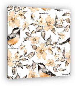 Spring flowers and birds. Hand drawn watercolor floral seamless (vászonkép)