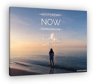 Inspirational quote on silhouette of woman walking on the beach (vászonkép)