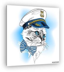 Portrait cat in a sailor's cap and tie on blue background. Vecto (vászonkép)