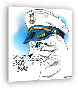 Portrait of a cat in sailor's cap on blue background. Vector ill (vászonkép)