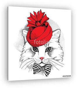 Portrait cat in a red Elegant woman's hat and with bow. Vector i (vászonkép)