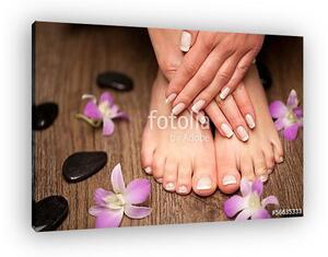 Relaxing pink manicure and pedicure with a orchid flower (vászonkép)