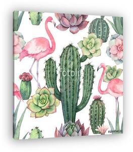 Watercolor vector seamless pattern of pink flamingo, cacti and s (vászonkép)
