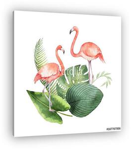 Watercolor card of tropical leaves and the pink Flamingo isolate (vászonkép)