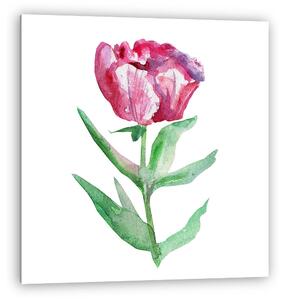 Watercolor pink peony flower, green leaf hand drawn painting ill (vászonkép)