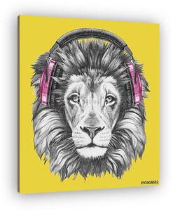 Portrait of Lion with headphones. Hand drawn illustration. (vászonkép)