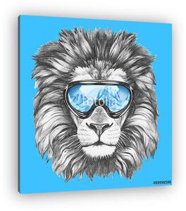 Portrait of Lion with ski goggles. Hand drawn illustration. (vászonkép)