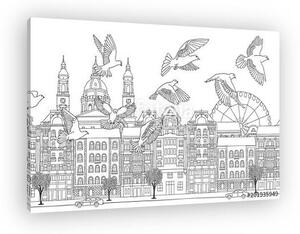 Birds over Budapest - hand drawn black and white illustration of (vászonkép)