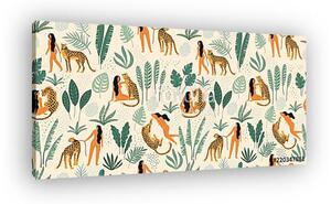 Vector seamless pattern with women, leopards and tropical leaves. (vászonkép)
