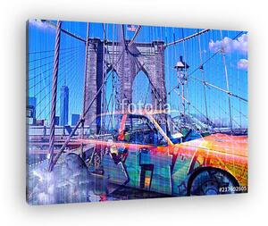 Yellow cab and the Brooklyn bridge - blue (vászonkép)