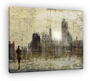 Vintage city skyline with small female figure (vászonkép)