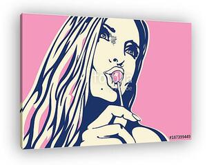 Woman licking lollipop pop art style banner (vászonkép)