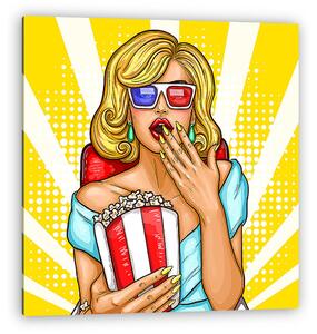 Vector pop art illustration of a excited blond woman sitting in the auditorium and watching a 3D movie. (vászonkép)