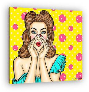 Sexy pop art girl holding hands to his mouth and whispers about discounts and sales (vászonkép)