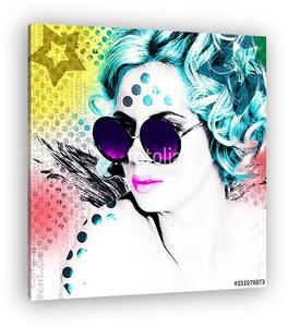 Stylish poster with a portrait of a pretty girl in round glasses. Modern interpretation of the style of Pop Art. (vászonkép)