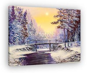 White bridge over the river, winter landscape (vászonkép)