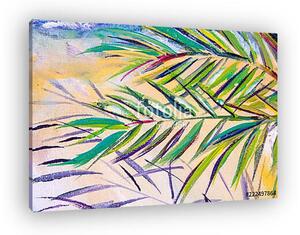 Details of acrylic paintings showing colour, textures and techniques. Expressionistic palm tree foliage and a sandy beach backg (vászonkép)