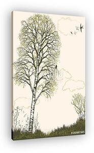 Spring landscape with birch tree silhouette. All objects are on separate layers (vászonkép)