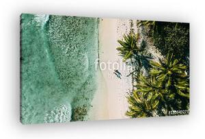 The couple walks on the beach between the ocean and palm trees (vászonkép)