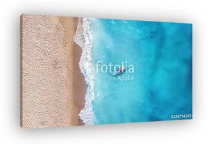 Boat on the water surface from top view. Turquoise water background from top view. Summer seascape from air. Travel concept and (vászonkép)