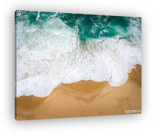Sand beach aerial, top view of a beautiful sandy beach aerial shot with the blue waves rolling into the shore (vászonkép)