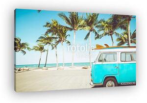 Vintage car parked on the tropical beach (seaside) with a surfboard on the roof - Leisure trip in the summer. retro color effect (vászonkép)