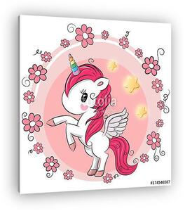 Cute Cartoon Unicorn with flowers (vászonkép)