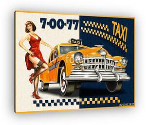 Taxi card with Pin-up girl and retro yellow taxi. (vászonkép)