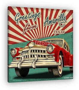 Vintage touristic greeting card with retro car.Amarillo.Texas. (vászonkép)