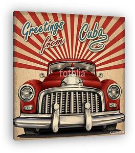 Vintage touristic greeting card with retro car.Cuba. (vászonkép)