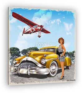 Vintage background with biplane, pin-up girl and retro car. (vászonkép)