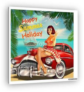 Vintage vacation background with pin-up girl and retro car. (vászonkép)